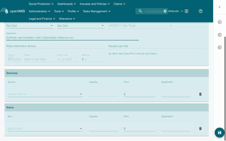 OpenAdapt replaying the compiled synthetic claim workflow in openIMIS.